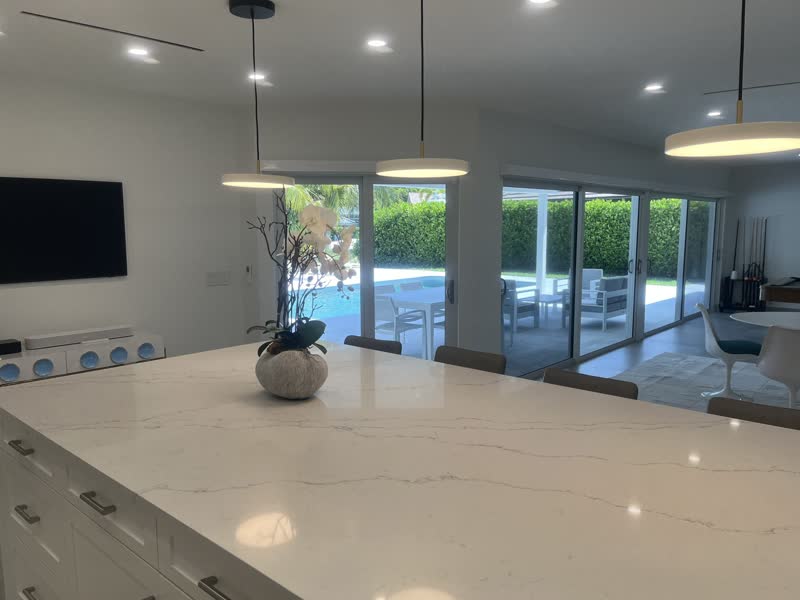 A Broward kitchen looking out to the pool after a clean
